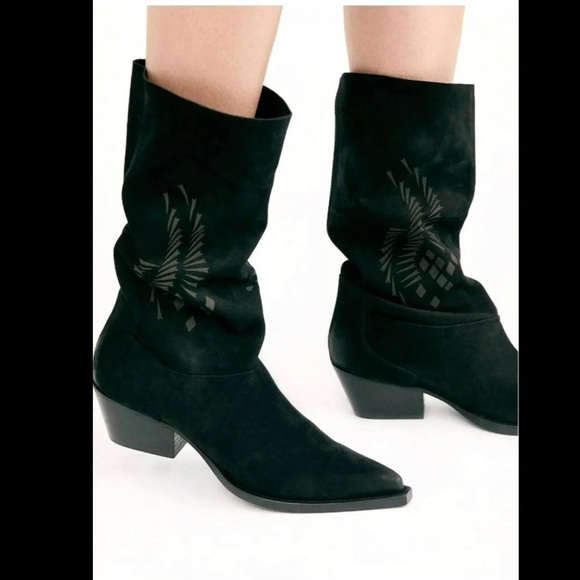 Free People Moon&Back Slouch Western Print Pointy Toe Black Suede Boots Size 36 - Picture 1 of 10